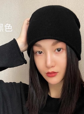 秋冬新款100%纯羊毛帽子女堆堆帽针织帽保暖护耳包头帽显脸小冷帽