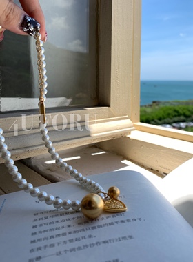 金属盾牌圆球吊坠淡水珍珠项链小众ins高级感项链镀金