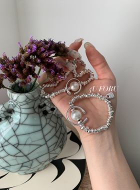 复古法式不规则碎银半月珍珠锁骨项链Ins高级手链