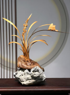太行崖柏君子兰摆件兰花根雕艺术品天然随形蝴蝶兰花鸟工艺品装饰