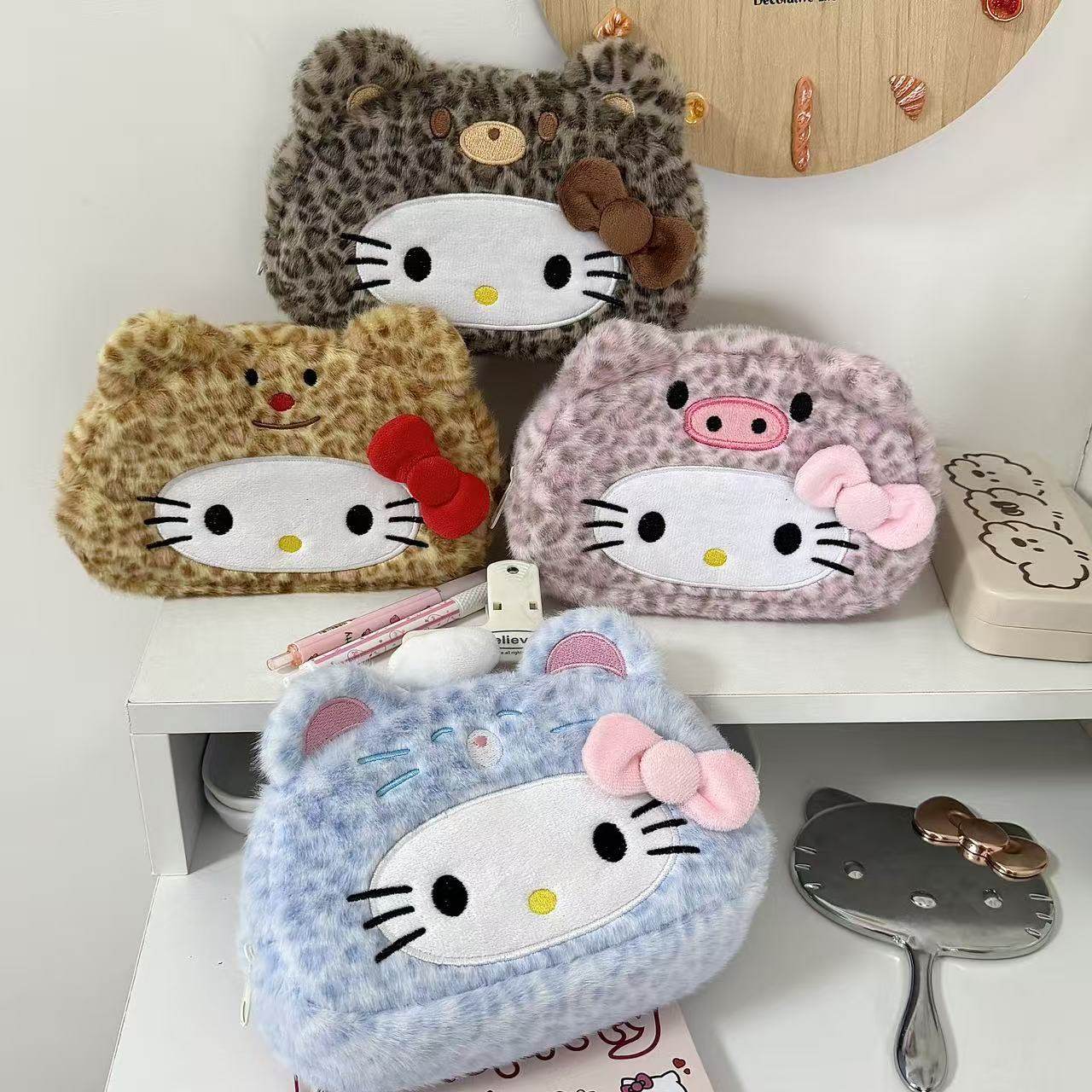 甜酷ins豹纹Kitty笔袋毛绒高颜值化妆包文具盒学生大容量收纳袋,淘宝优惠券,粉丝福利购,淘宝优惠卷
