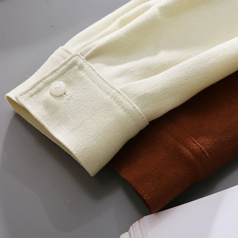 秋冬新款高级感磨毛叠穿长袖翻领衬衫女2024女装直筒单口袋上衣 - 图2