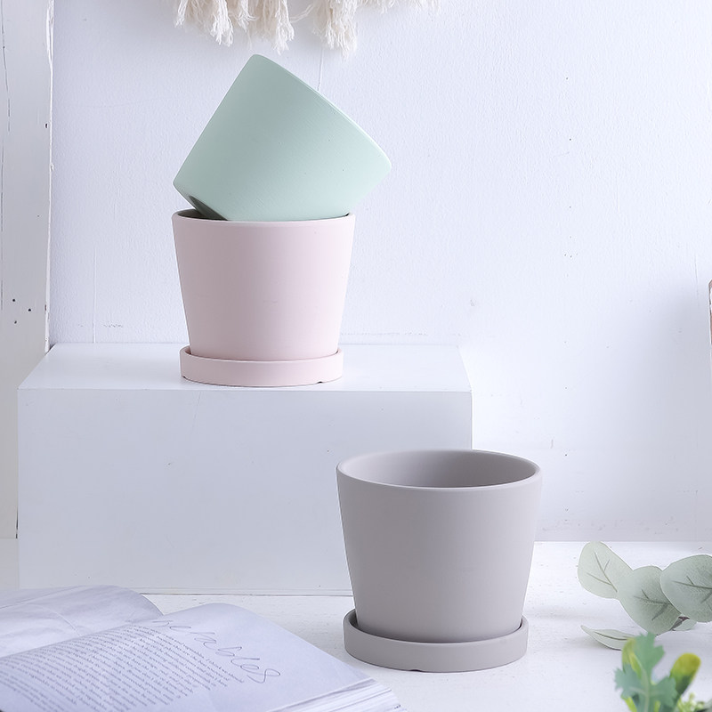 陶瓷多彩简约北欧风ins带托盘圆形素烧花盆鲜花多肉绿萝绿植盆栽,淘宝优惠券,粉丝福利购,淘宝优惠卷