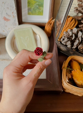 原创设计玫瑰戒指蕾丝线手工微钩花朵森系指环成品