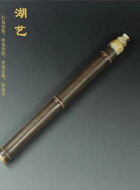 新款紫竹节镶花牛角盖带铜香插孔 线香筒香收纳盒 茶道具香道