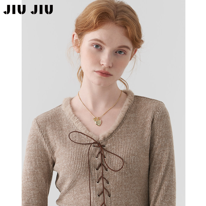 JIUJIU设计感毛毛领系带喇叭袖打底衫女春季显瘦小个子V领上衣,淘宝优惠券,粉丝福利购,淘宝优惠卷