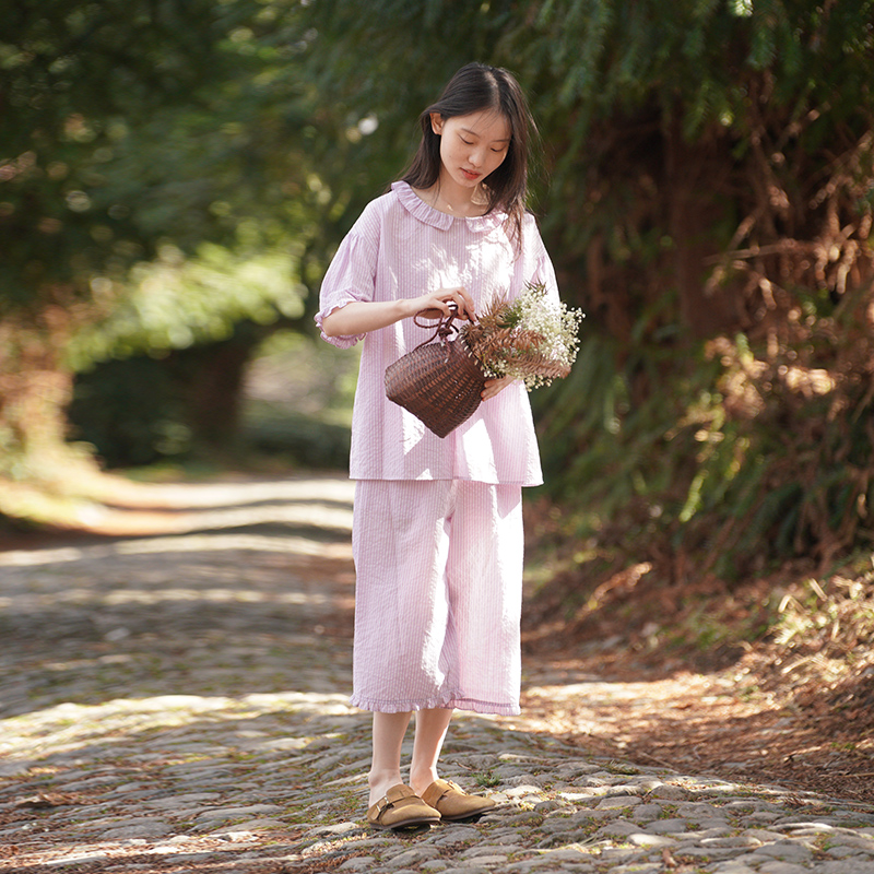 朵朵可可24春夏季新款棉麻条纹甜美可爱风宽松中袖睡衣女家居套装