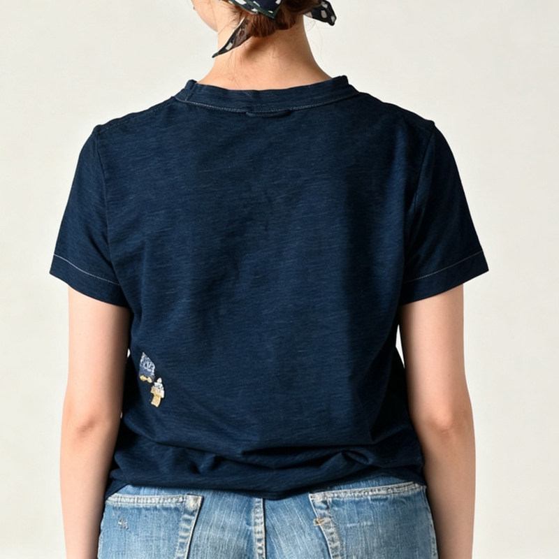 日系新品玉兔前后刺绣短袖T恤靛蓝百搭上衣女Ctrl C 45,淘宝优惠券,粉丝福利购,淘宝优惠卷
