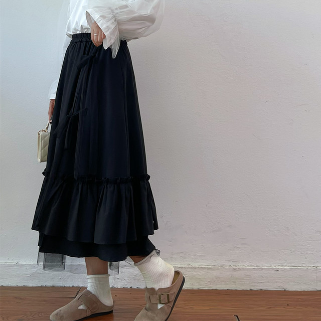 2025 Spring and Summer New Original Sweet Lolita Black A-Line Mid-Length Ruffle Skirt Women's Swing Skirt