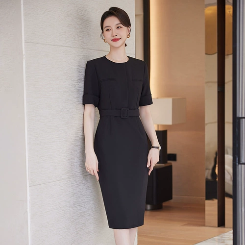 诗璐雅 Черное приталенное платье с коротким рукавом, корсет, летний костюм, длинная юбка, длина миди