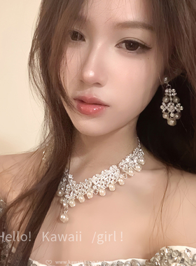 法式轻奢珍珠项链耳环套装复古优雅重工锁骨链新娘婚纱晚礼服配饰