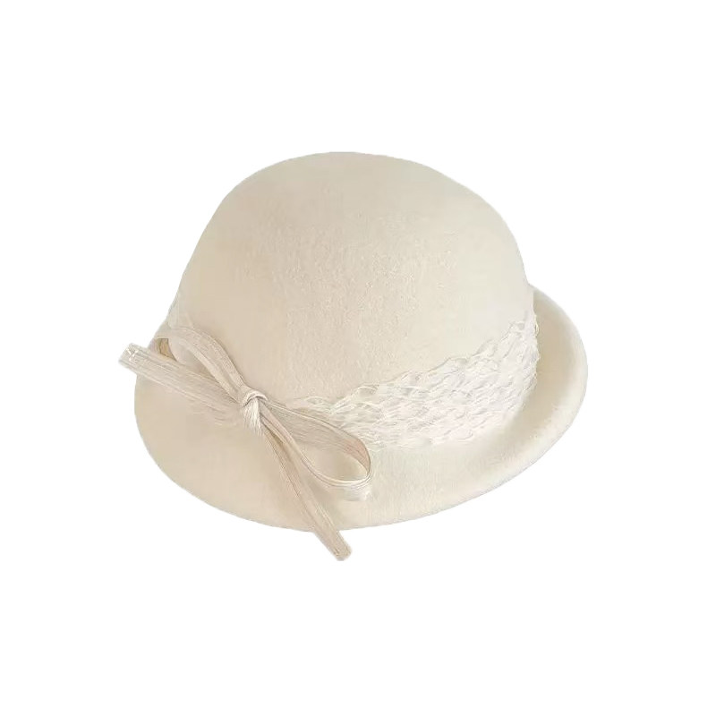 法式名媛蕾丝蝴蝶结羊毛呢贝雷帽女冬季2025新款赫本复古圆顶礼帽