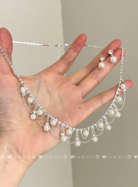 法式蕾丝仿珍珠流苏项链套装