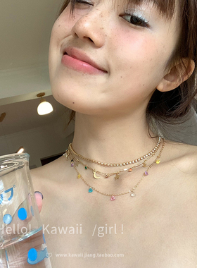 金色星星月亮吊坠水钻叠戴项链