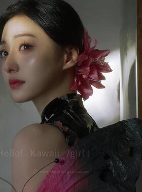 新中式复古玫粉色百合花朵发夹女