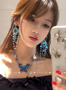 重工宫廷蓝色宝石耳环锁骨链项链