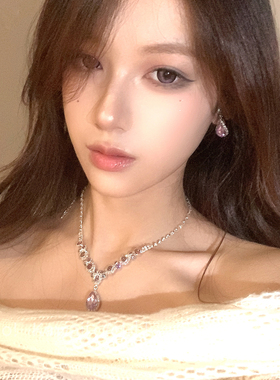 超闪满钻紫色水滴项链耳环套装