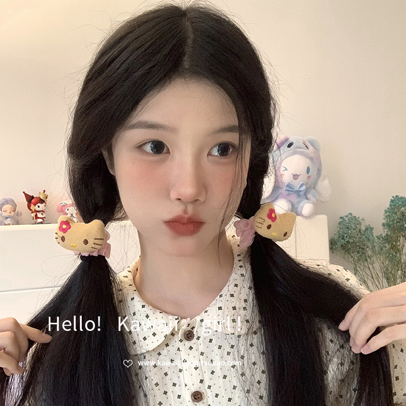 夏威夷度假黑皮helloKitty发圈女甜酷辣妹头绳碎发夹可爱毛绒头饰,淘宝优惠券,粉丝福利购,淘宝优惠卷