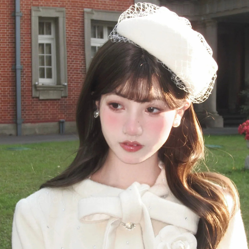 法式复古蝴蝶结羊毛毛呢网纱贝雷帽千金风气质礼服礼帽头饰秋冬女