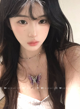 甜酷辣妹紫色蝴蝶流苏项链