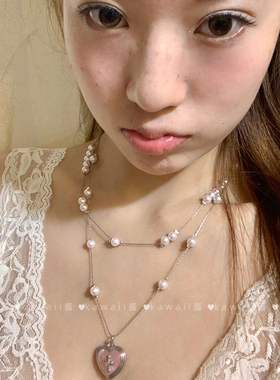甜美少女粉色爱心珍珠叠戴项链