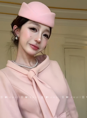 赫本风粉色平顶礼帽女士