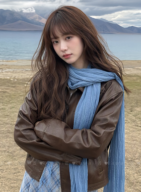 蓝色棉麻围巾薄款女2026新款大西北川西旅游拍照氛围感披肩两用