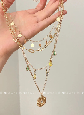 中古vintage金色太阳花多层项链