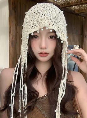 波西米亚手工钩织珍珠流苏包头帽