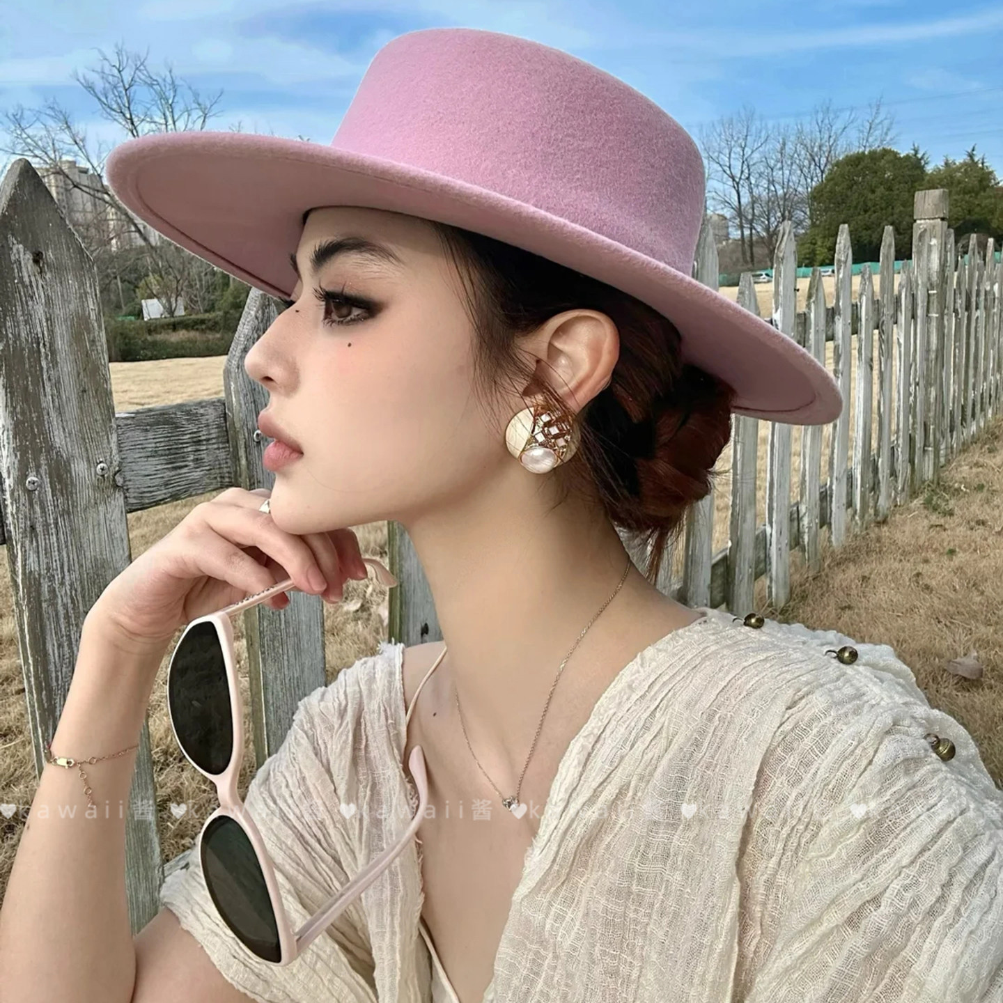 英伦风法式复古粉色平顶礼帽女秋冬氛围感宽檐爵士帽优雅百搭帽子,淘宝优惠券,粉丝福利购,淘宝优惠卷