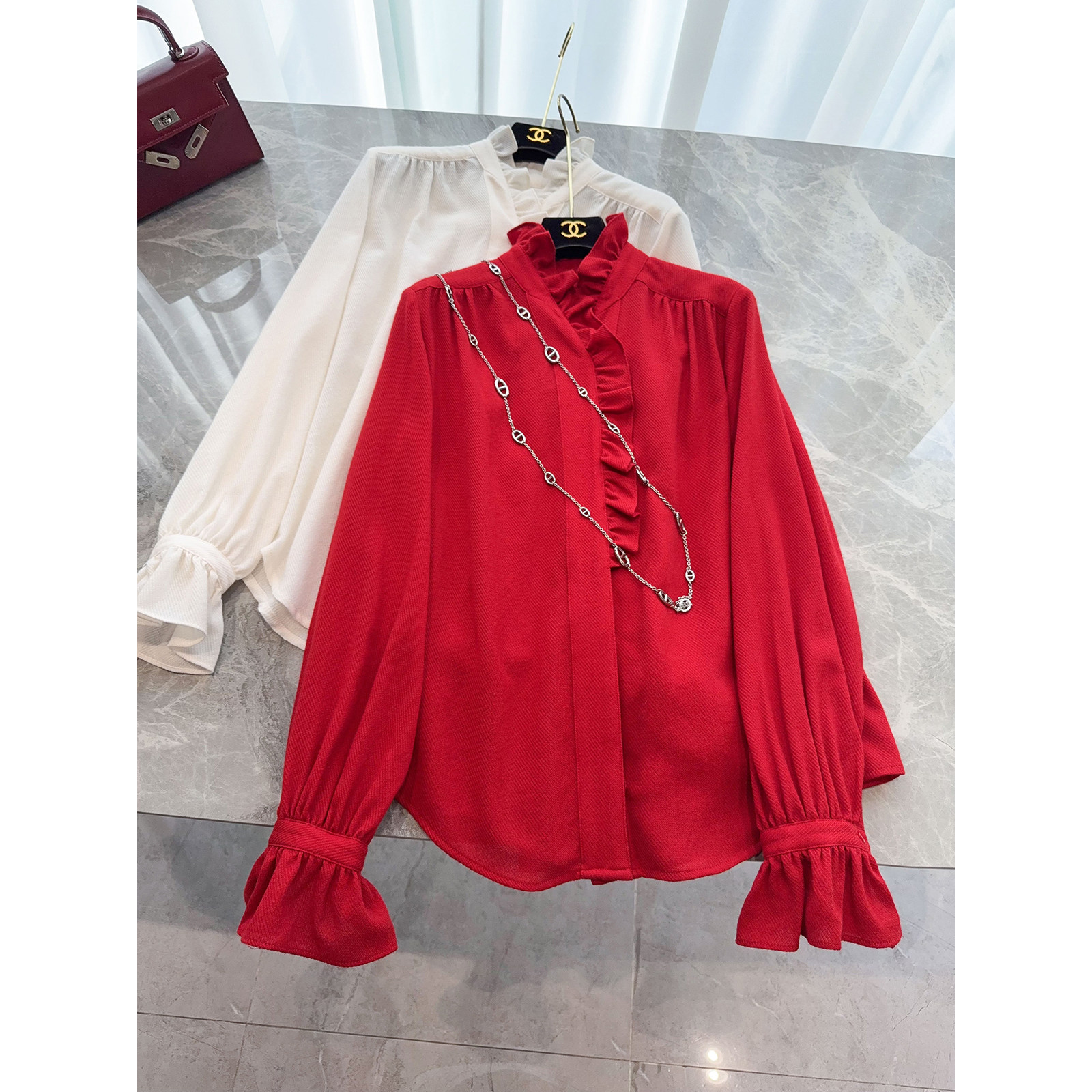 宫廷气质！新年红花边立领斜纹羊毛法式长袖衬衫木耳边打底上衣女,淘宝优惠券,粉丝福利购,淘宝优惠卷
