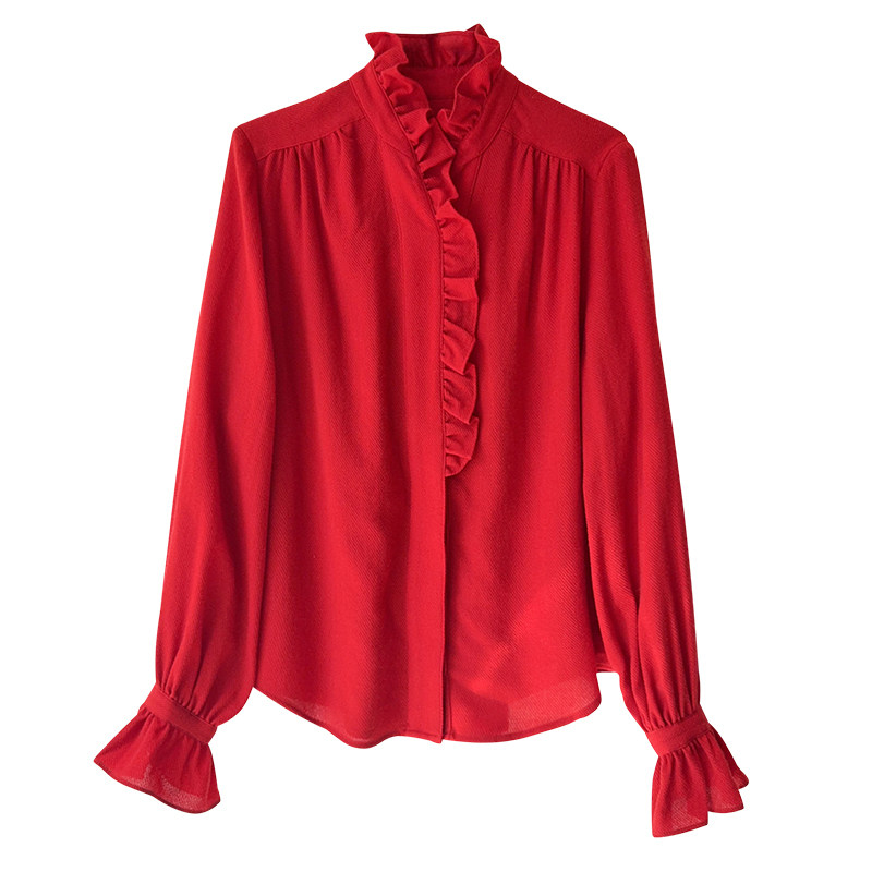 宫廷气质！新年红花边立领斜纹羊毛法式长袖衬衫木耳边打底上衣女,淘宝优惠券,粉丝福利购,淘宝优惠卷