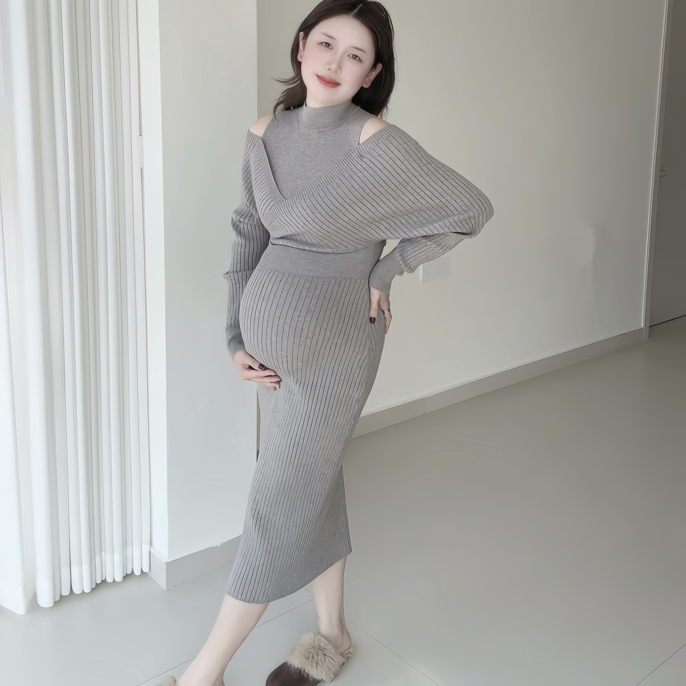 孕妇秋冬法式复古半领收腰针织连衣裙温柔露肩连衣裙慵懒松弛长裙,淘宝优惠券,粉丝福利购,淘宝优惠卷