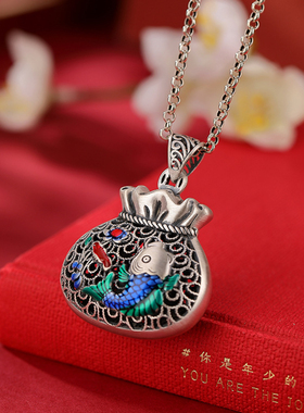 珐琅锦鲤景泰蓝高级感毛衣链纯银