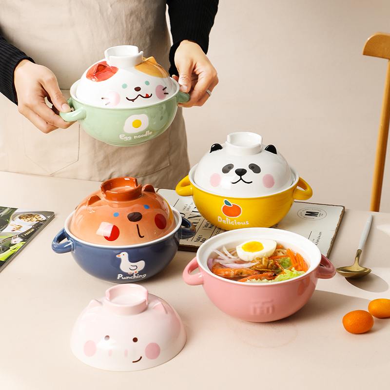 好看釉下彩卡通陶瓷单柄碗儿童学生可爱餐具泡面碗辅食饭碗手把碗 - 图2