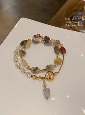 法式复古双层叠戴珍珠手链女高级设计感仿天然石串珠手串网红