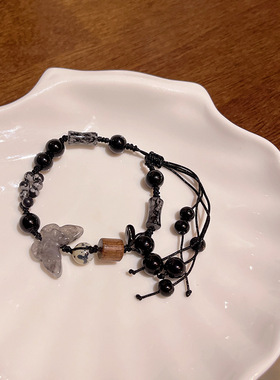 新中式中古风复古蝴蝶手链女高级感抽拉式黑色串珠手串手饰品批发