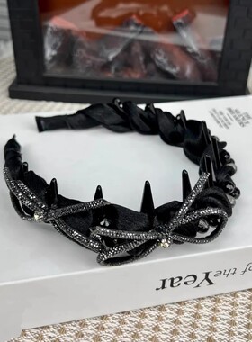重工黑色蝴蝶结手工褶皱带齿细发箍女高级感时尚洋气头箍发饰头饰