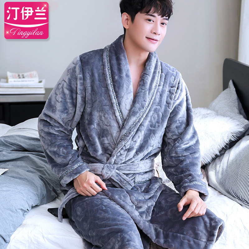 新款灰色男士加厚珊瑚绒冬天睡袍 汀伊兰睡袍/浴袍