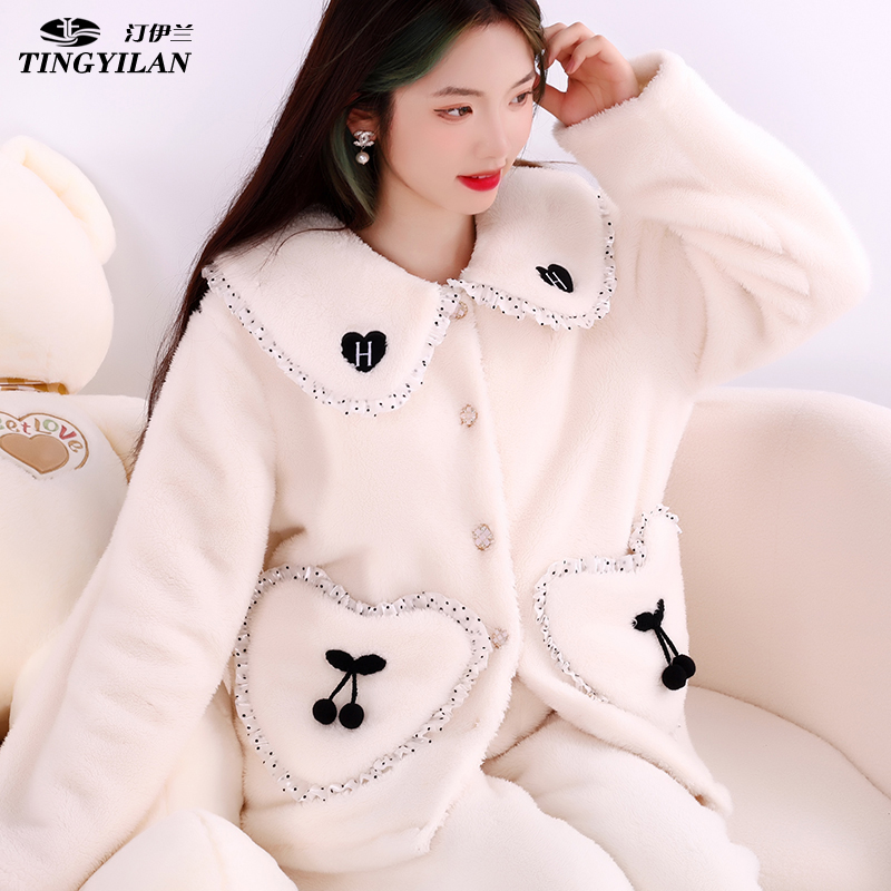 汀伊兰品牌爆款女士睡衣小香风高级保暖加绒加厚法兰绒家居服外穿 - 图1