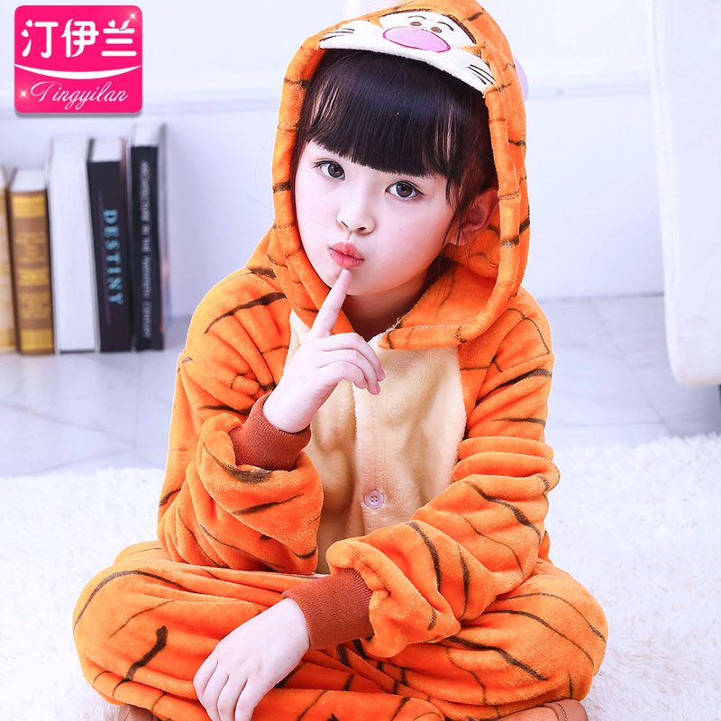 秋冬季跳跳小老虎法兰绒卡通睡衣 汀伊兰睡衣/家居服套装