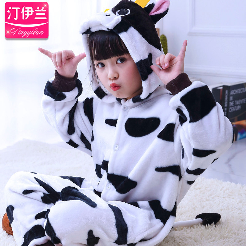 儿童卡通连体珊瑚绒动物奶牛睡衣 汀伊兰睡衣/家居服套装