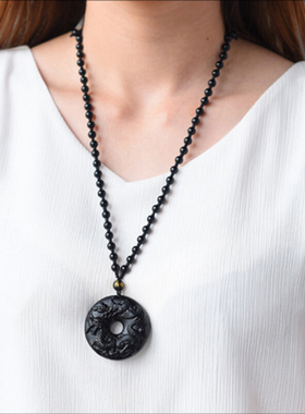 天然黑曜石生肖鸡龙蛇挂项链吊坠