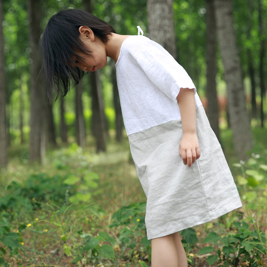 2021夏季薄款亲子裙F2138  简约休闲纯亚麻母女装 白色拼色连衣裙
