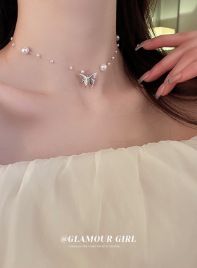 法式仙气蝴蝶鱼线珍珠夏日清凉锁骨链时尚感设计个性小众气质项链