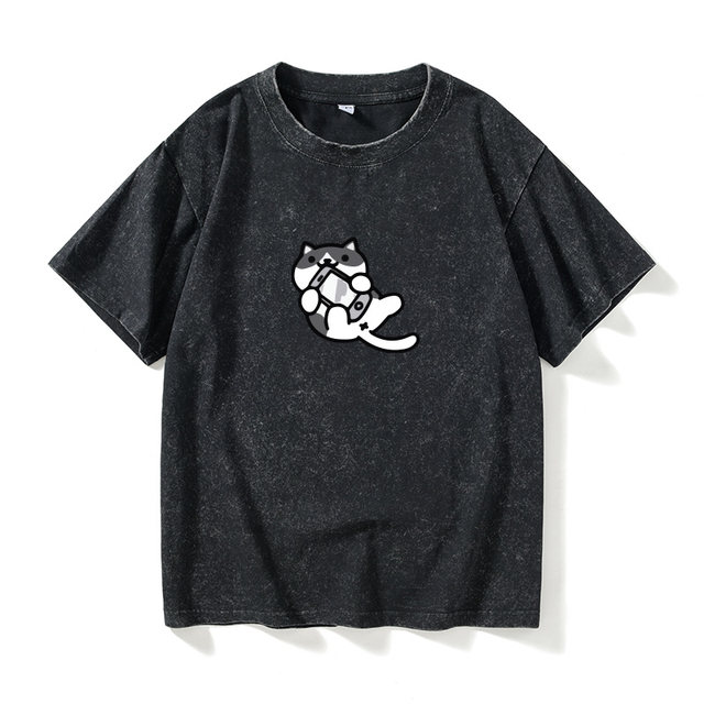 Cute samurai cat pattern T-shirt short sleeve black clothes