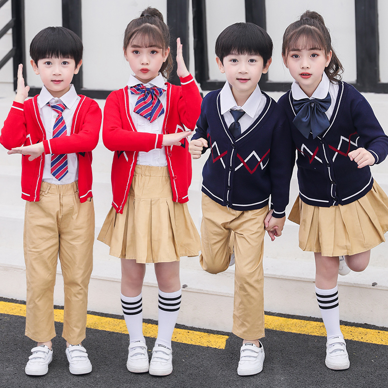 小学生校服英伦学院风针织开衫春秋装儿童班服幼儿园园服毛衣套装 - 图1