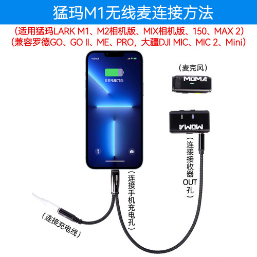 Ktele 猛玛M1苹果手机边充电边直播一分二连接线猛犸罗德大疆无线麦克风二合一转接头3.5mm录音频线转换器 - 图3