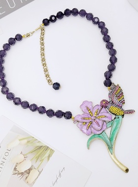 男女紫色花小鸟项链滴釉设计感