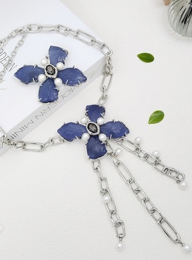 AB镀真金男女蓝色花朵项链胸针